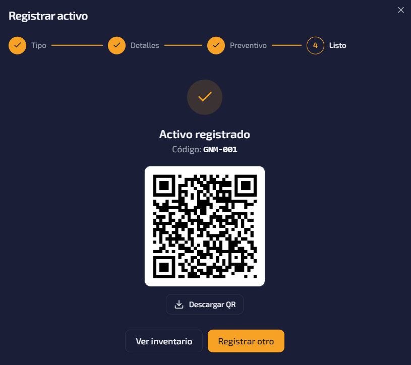 Registro de un activo con código QR y su historial en GymNexus Mantenimiento