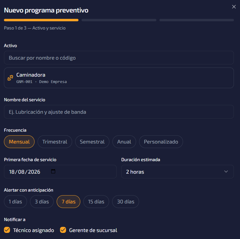 Calendario de mantenimiento preventivo con checklist en GymNexus Mantenimiento