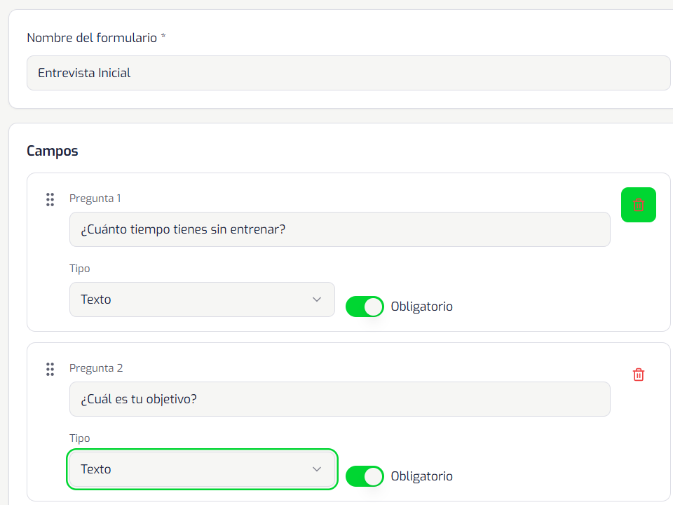 Editor de formularios personalizados con preguntas y tipos de campo